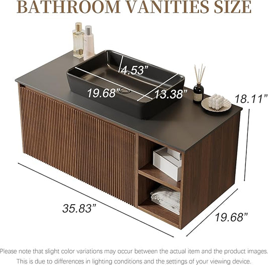 36" Modern Floating Bathroom Vanity with Single Sink - Wall Mounted Storage Bathroom Cabinet with Black Sintered Stone Countertop| Large Storage Space & Open Shelves, Dark Wood
