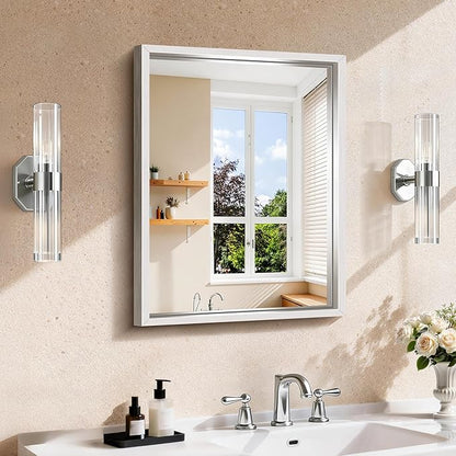 CIRCUMI 18"x24" Brushed Silver Bathroom Mirror, Rectangular Vanity Mirror | Chunky Box Metal Frame, Shatterproof, Tempered Glass, Bathroom Remodel&New Home,Wall Mirror for Over Sink,Living Room,Hallway