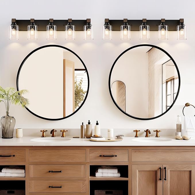 Farmhouse Black 5-Light Bathroom Vanity Light, Square Glass Shade | Vintage Rustic Design, Wood Grain Finish, Matte Black Metal, Wall Mount Over Mirror Lighting Fixtures for Bathroom Restroom