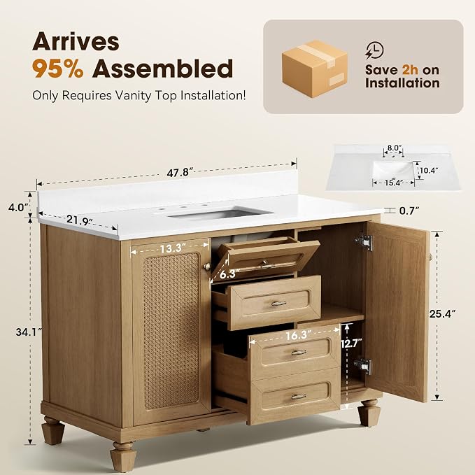 48 Inch Bathroom Vanity with Sink, Light Oak | Fully Pre-Assembled, Solid Wood Bathroom Cabinet, Marble Countertop & Backsplash, Soft Closing 2 Doors & 3 Drawers
