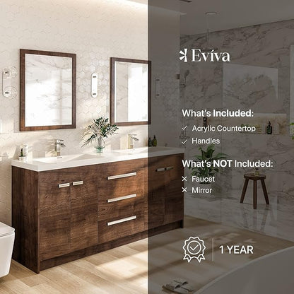 Eviva Lugano 72 in. Rosewood Double Sink Bath Vanity with Acrylic Top and Integrated Sinks
