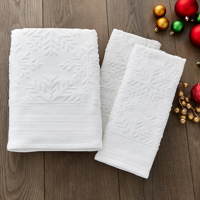 SKL Home Christmas/Winter Subtle Snowflakes Hand Towel Set-2pc, White | 100% Cotton. 500 GSM. Soft & absorbent. Textured jacquard pattern. Great for use in the bathroom, kitchen or bar & gifting.