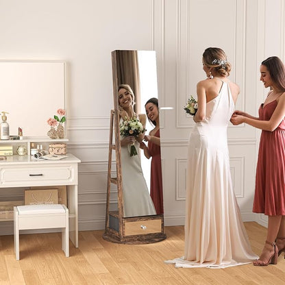 360° Swivel Jewelry Cabinet Standing Full-Length Jewelry Armoire | with Lights Standing Jewelry Armoire Organizer Foldable Makeup Shelf, Coffee