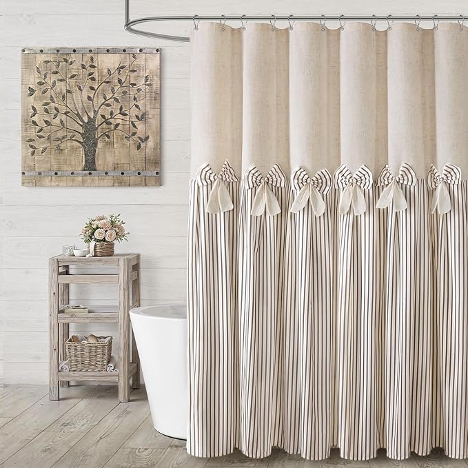 Farmhouse Shower Curtain Linen Bow Pleated Brown Stripe 72"W x 80"L | Farmhouse Style, Chic Bow, Striped, Linen Fabric, Rustic, Country, Natural Look, Washable, for Bathroom Bathtub