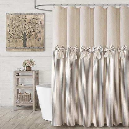 Farmhouse Shower Curtain Linen Bow Pleated Brown Stripe 72"W x 80"L | Farmhouse Style, Chic Bow, Striped, Linen Fabric, Rustic, Country, Natural Look, Washable, for Bathroom Bathtub