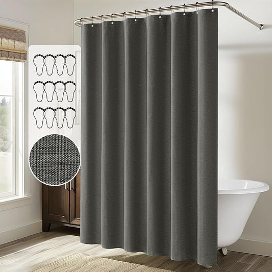MIULEE 72 x 84 Extra Long Linen Shower Curtain Charcoal Grey 12 Metal Hooks | Washable, Heavy Fabric Shower Curtain Set, Waterproof Thick Cloth Shower Curtain, Bathroom Hotel Bathtub