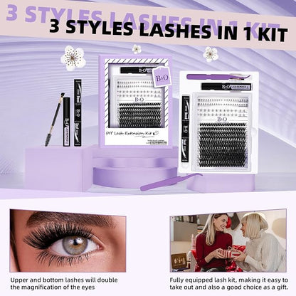 B&Qaugen Eyelash Extension Kit with Bottom Lash Extension 10-18mm 50D D Curl Lash Clusters Kit with Bottom Lashes DIY Lash Extension Kit Bond and Seal Lash Applicator (Kit-50D-D-MIX10-18)