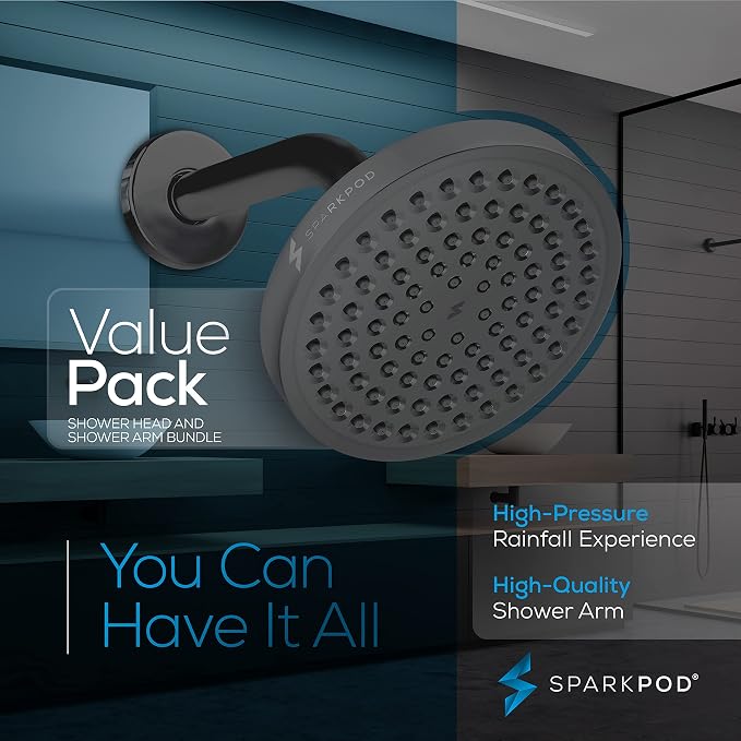 SparkPod 6" Rain Shower Head High Pressure w/ 6" Shower Arm, Charcoal Grey | High Pressure Shower Heads, 90 Nozzles, Adjustable Showerhead, No Tools Needed, Universal Connection, Gain Space & Style