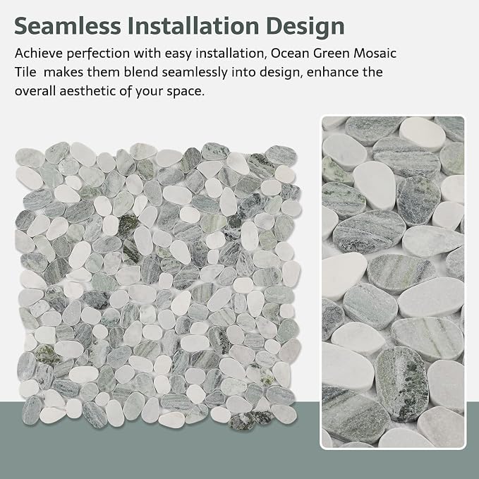 Pebble Tile, Ocean Green Sliced Pebble Stone Tiles for Shower Kitchen Backsplash Bathroom Wall and Floor, 4 Sheets