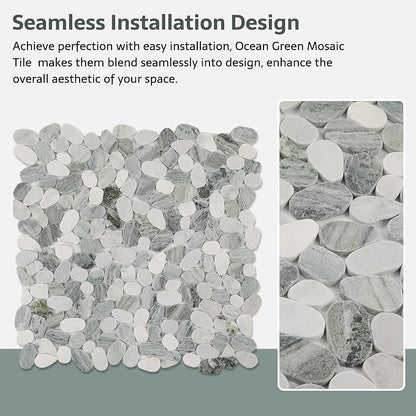 Pebble Tile, Ocean Green Sliced Pebble Stone Tiles for Shower Kitchen Backsplash Bathroom Wall and Floor, 4 Sheets