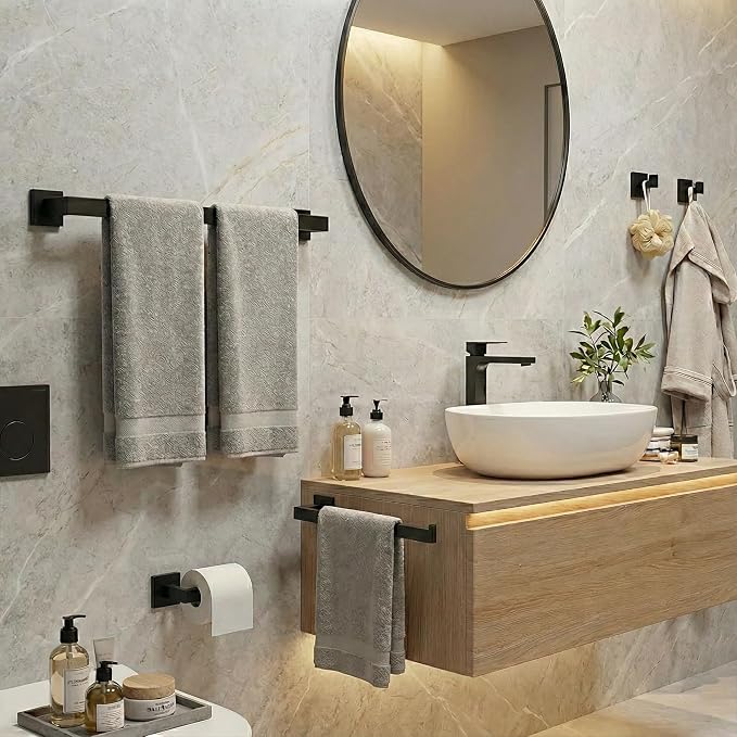 5-Piece Bathroom Hardware Set, 23.6 in Towel Bar, Matte Black | 304 stainless steel, towel ring, toilet paper holder, 2 robe hooks, wall-mounted, installation hardware included