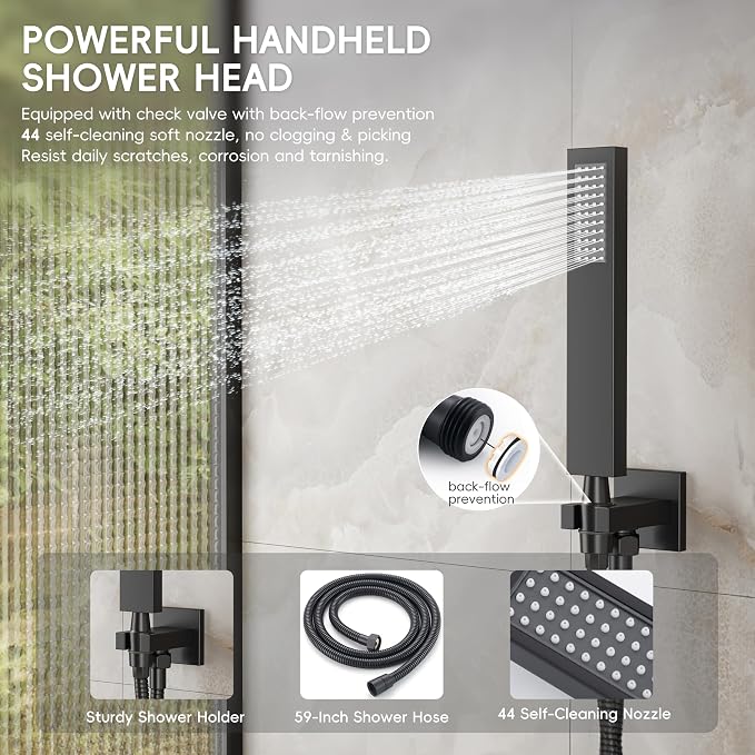 Alesco Shower Faucet Set, Black Shower System with 12-Inch High-Pressure Rainfall Showerheads and Handheld Spray combo, Showerfixture Include Valve and Trim Kit, Matte Black