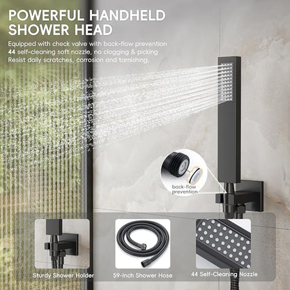 Alesco Shower Faucet Set, Black Shower System with 12-Inch High-Pressure Rainfall Showerheads and Handheld Spray combo, Showerfixture Include Valve and Trim Kit, Matte Black