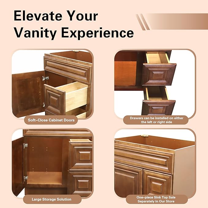 30" Shaker Bathroom Vanity Sink Base with Drawers (Ready-to-Assemble) (Maple Walnut Vanity Base)