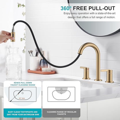KENES Champagne Bronze Pull Down Bathroom Faucet, 8 Inch 2 Handle Widespread Bathroom Faucet 3 Hole with Pull Out Sprayer, Bathroom Vanity Faucet with Pop Up Drain & Supply Lines LJ-9068-CB