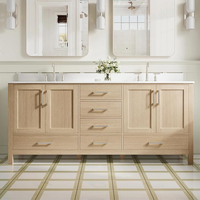 80-Inch Bathroom Vanity with Sink, 4 Soft-Close Doors and 6 Soft-Close Drawers, Bathroom Freestanding Vanity with Cultured Marble Countertop, Oak Vanity with Brushed Nickel Handles