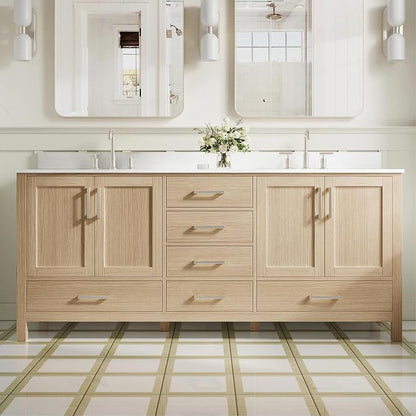 80-Inch Bathroom Vanity with Sink, 4 Soft-Close Doors and 6 Soft-Close Drawers, Bathroom Freestanding Vanity with Cultured Marble Countertop, Oak Vanity with Brushed Nickel Handles