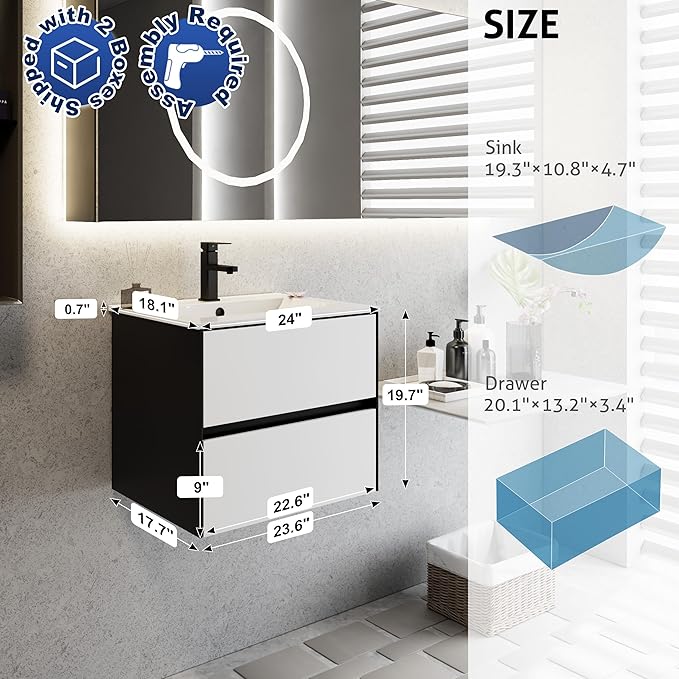 eclife 24" Bathroom Vanity Cabinet with Undermount White Sink Combo, Wall Mounted Floating Bathroom Cabinet with Colors Mixed Style, 2 Big Drawers & Matte Black Faucet