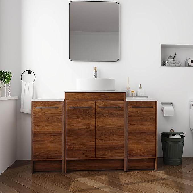48" Bathroom Vanity, 48 Inch Freestanding Vanity with Ceramic Vessel Sink, Modern Single Sink Bathroom Vanity Combo, Brown Floor Stand Large Storage Cabinet Set(BRE400, 48 * 18)
