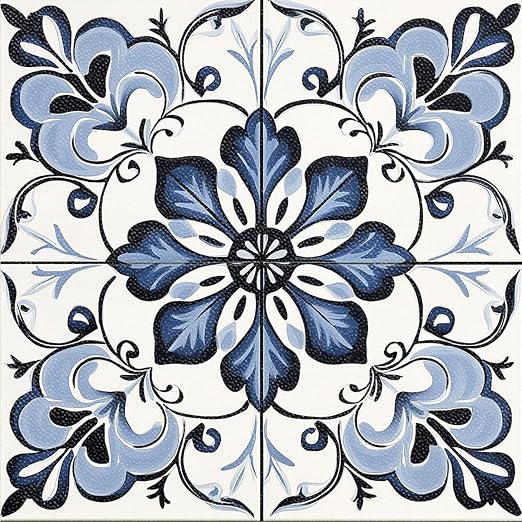 Blue Floral Scrollwork Peel and Stick Floor Tiles 12x12 Inch 10PCS | Blue and white floral scrollwork pattern vinyl floor stickers for kitchen bathroom entryway and indoor home decor