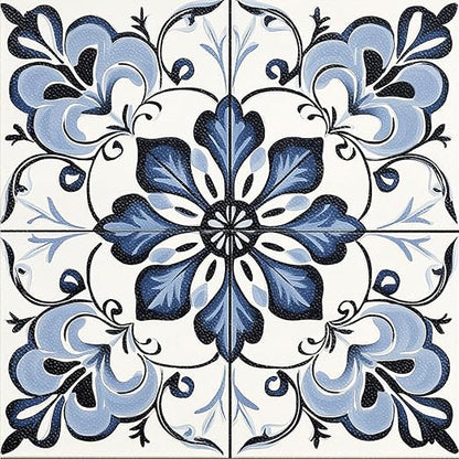 Blue Floral Scrollwork Peel and Stick Floor Tiles 12x12 Inch 10PCS | Blue and white floral scrollwork pattern vinyl floor stickers for kitchen bathroom entryway and indoor home decor