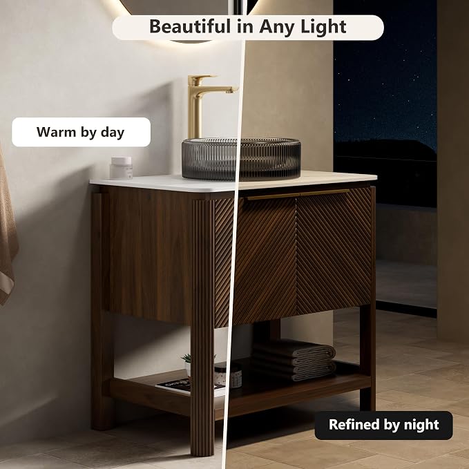 Yayzy 30 Inch Bathroom Vanity with Sink, Freestanding Dark Walnut Bathroom Cabinet, Smoky Gray Glass Vessel Sink, Carrara White Sintered Stone Countertop, Soft Close Doors, Open Storage Shelf