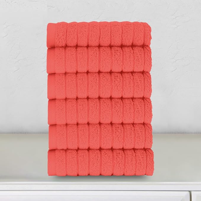 Elegant Comfort 100% Turkish Cotton Corduroy Ribbed Luxury Washcloths 6 Pack Soft 13 x 13 Inch - Higly Absorbent, Durable, Quick Dry, Spa Premium Hotel Quality for Bathroom or Travel, Coral