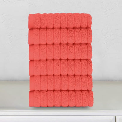 Elegant Comfort 100% Turkish Cotton Corduroy Ribbed Luxury Washcloths 6 Pack Soft 13 x 13 Inch - Higly Absorbent, Durable, Quick Dry, Spa Premium Hotel Quality for Bathroom or Travel, Coral