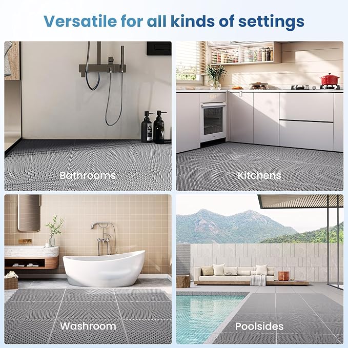 60-Pcs Interlocking Tile, Indoor/Outdoor Drainage Interlocking Floor Tiles 11.8" x 11.8", Anti-Slip Waterproof Soft PVC Splicing Flooring Tile for Garage Patio Pool Bathroom, Grey