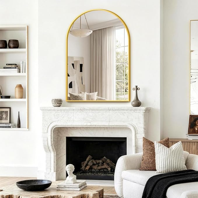 FGU Arched Bathroom Mirror for Over Sink 38"x26" Gold Vanity Mirror | Wall Mounted, HD Tempered Shatter-Proof Glass, Rust-proof Arched Metal Frame, Arch Mirror for Bedroom, Living Room, Entryway