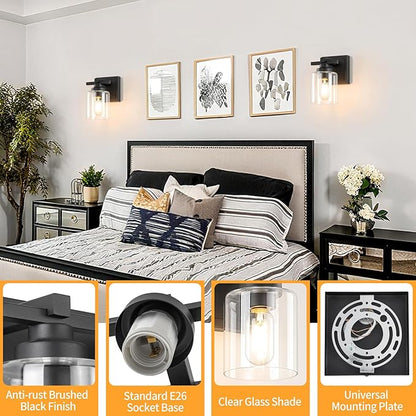 1 Light Modern Bathroom Light Fixtures Over Mirror, Black Vanity Lights for Bathroom Wall Sconces with Clear Glass Shades, E26 Socket (Bulbs Not Included)