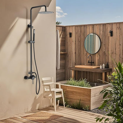 RBROHANT Outdoor Shower, Wall Mount Outdoor Shower Kit, Outside Shower Faucet with Height Adjustable Rain Shower Head and Handheld, Exposed Shower System for Yard, Wall Mounted, Matte Black, JK0145