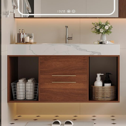 40 inch Modern Floating Bathroom Vanity with Sink, Wall Mounted Bathroom Cabinet with Ceramic Sink, Sintered Stone Countertop, 2 Soft Closing Drawers & Open Storage Shelf, Walnut