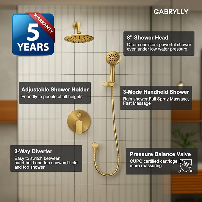 Gabrylly Shower System, 8" Wall Mounted Shower Faucet Set, Brushed Gold | Rain Shower Head with Handheld Spray Combo, All Metal Rainfall Shower Head Complete Set Shower Mixer Valve for Bathroom