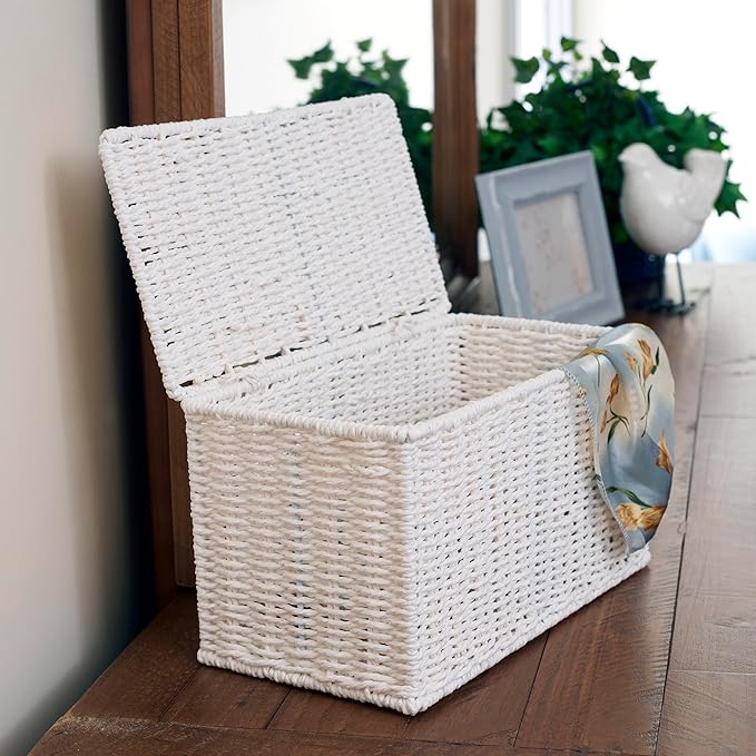 Household Essentials Small Handwoven Paper Rope Wicker Basket with Lid, White (Pack of 6)