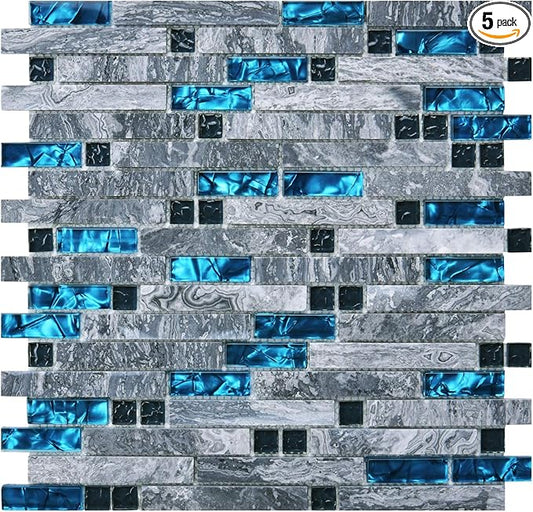 Art3d Grout Decorative Tile, Blue/Gray, Glass, for Kitchen Backsplash or Bathroom Backsplash (5 Pack)