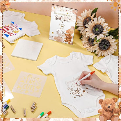 Panitay 126 Pcs Baby Shower DIY Bodysuit Set Bib 25 Blank White Newborn Bodysuit 25 Stencils 24 Marker 1 Sign 50 Pins(Bear)