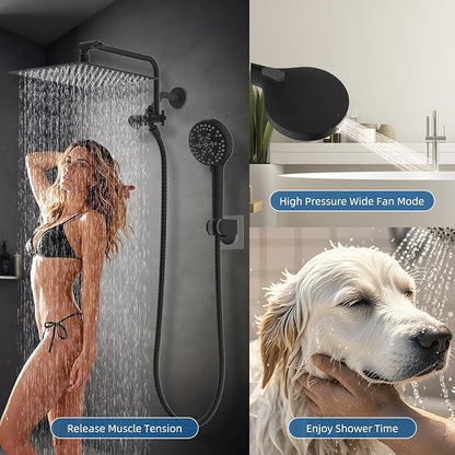 12" Metal Rainfall Shower Head with 10-Mode Handheld, Matteblack | NSF/ANSI/CAN 372 Certified, High Pressure Showerhead Combo with 11" Adjustable Shower Arm, 71" Hose, Shower Head Holder