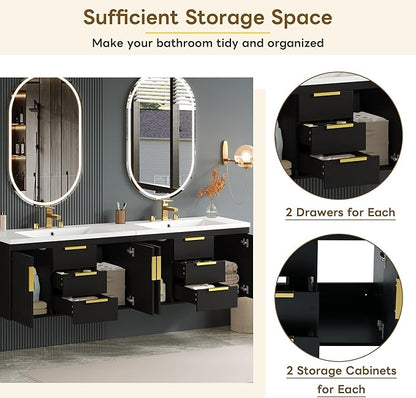 72'' Wall Mounted Bathroom Vanity, Floating Storage Vanity Cabinet with 2 Drawers, Solid Wood Bathroom Cabinet, Black
