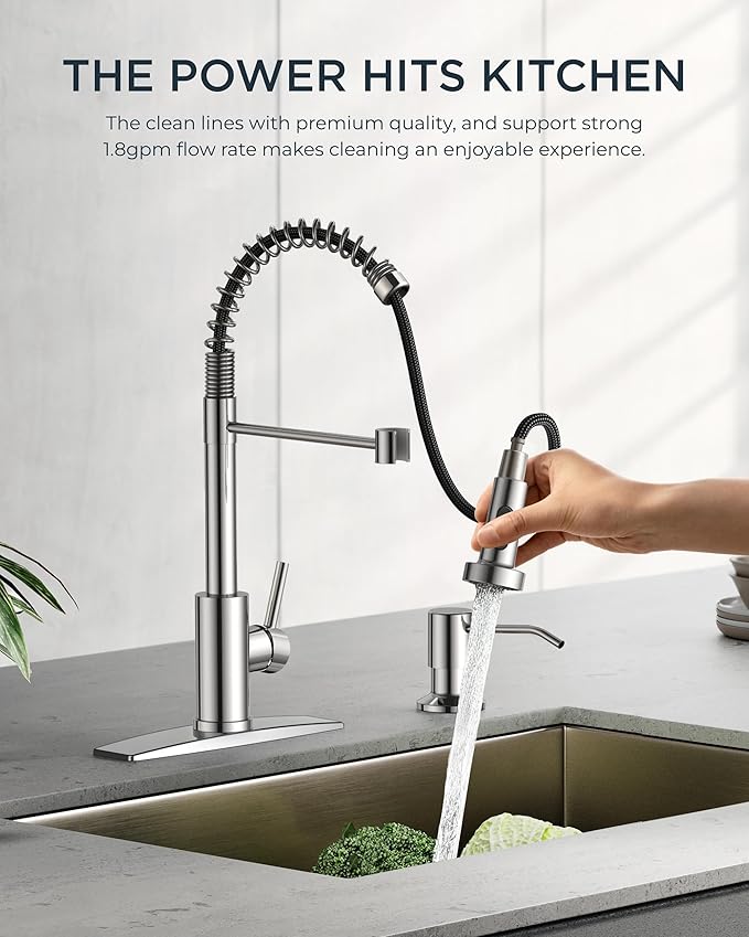 FORIOUS Kitchen Faucets, Chrome Kitchen Sink Faucet with Pull Down Sprayer, Commercial Kitchen Faucet Stainless Steel, Classic Single Handle Pull Out Sink Faucets for Farmhouse RV Laundry Utility Room