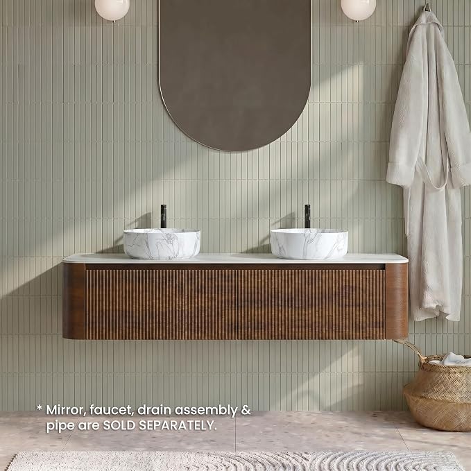 72" Preassembled Double Floating Bathroom Vanity with Carrara Sink, Walnut | Mid-Century Modern Style, Fluted & Soft-Close Drawer with U-shaped Wall, Sinterted Stone Countertop, Towel Rack Included