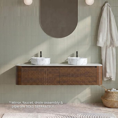 72" Preassembled Double Floating Bathroom Vanity with Carrara Sink, Walnut | Mid-Century Modern Style, Fluted & Soft-Close Drawer with U-shaped Wall, Sinterted Stone Countertop, Towel Rack Included