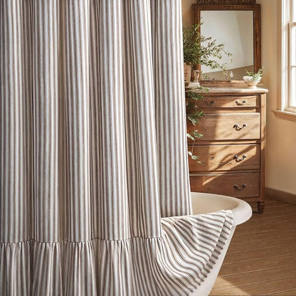 Farmhouse Shower Curtain Ruffle Linen White-Brown Stripe 72"W x 72"L | Farmhouse Boho, Striped, Bottom Ruffle, Cotton Fabric, Rustic, Country, Natural Look, Washable, for Bathroom Bathtub