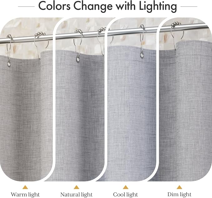 Bathway Modern Scalloped Shower Curtain Linen Textured, Light Gray Shower Curtain Set with 12 Metal Hooks, Neutral Cute Elegant Shower Curtain with Black Border for Bathroom, 72x72 Inches