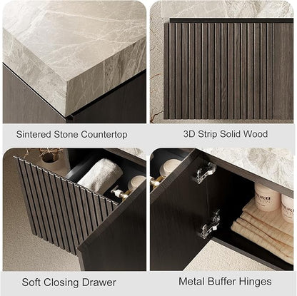 48" Floating Bathroom Vanity with Sink, Plywood Bathroom Vanities with Drawer and Doors, Light Gray Sintered Stone and 3 Pre-drilled Faucet Holes Ceramic Basin, Pre-Assembled, Espresso Woodgrain