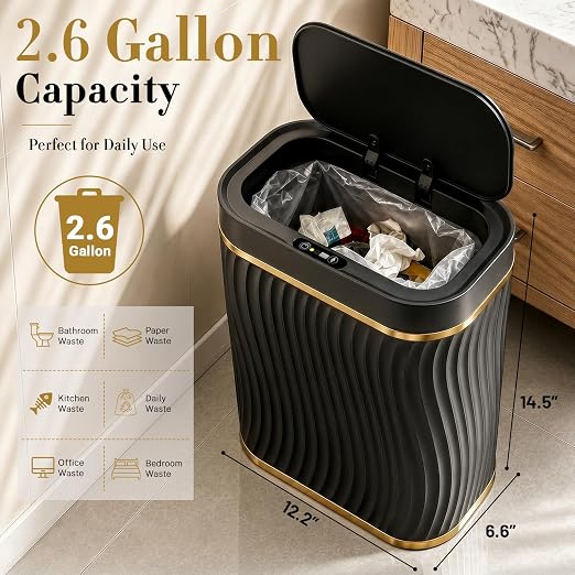 Ogikey Bathroom Small Trash Can with Automatic Touchless Lid, 2.6 Gallon Smart Garbage Can Narrow Waterproof Trash Bin for Bedroom, Office, Living Room