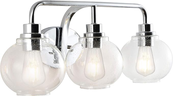 JONATHAN Y 26.25" Chrome Farmhouse LED Vanity Light Wall Sconce for Bathroom, Clear Seeded Glass Shade, Industrial Iron Indoor Fixture, LED Bulb Included (JYL7528B)
