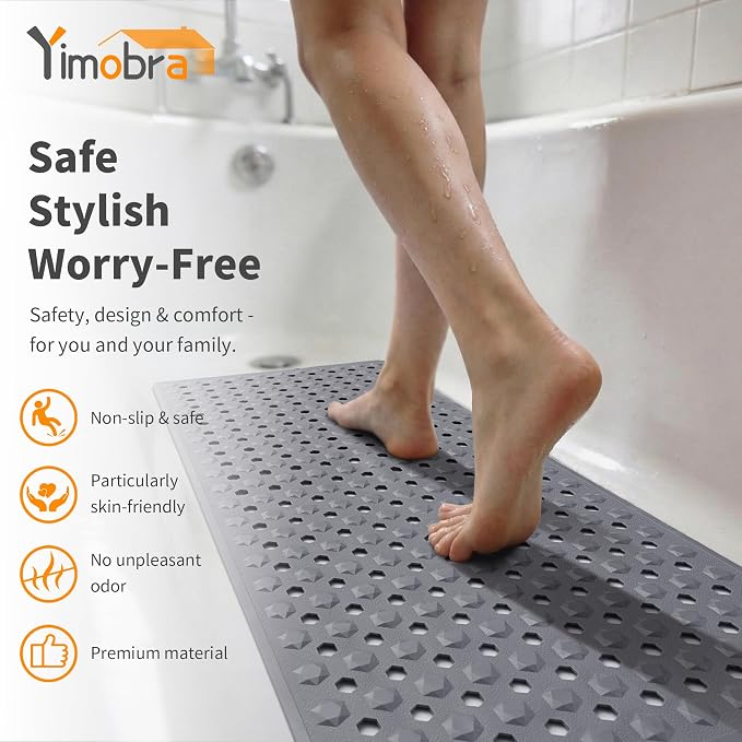 Yimobra Bathtub Mat Non Slip, 27.5"X15.5" Machine Washable Shower Floor Mat, Soft on Feet, Bathmat with Drain Holes and Suction Cups, Bathroom Essentials, Grey