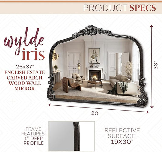 English Estate Carved Arch Wood Wall Mirror, Mirror for Entryway, Living Room, Bathroom, Distressed Black, 26x37