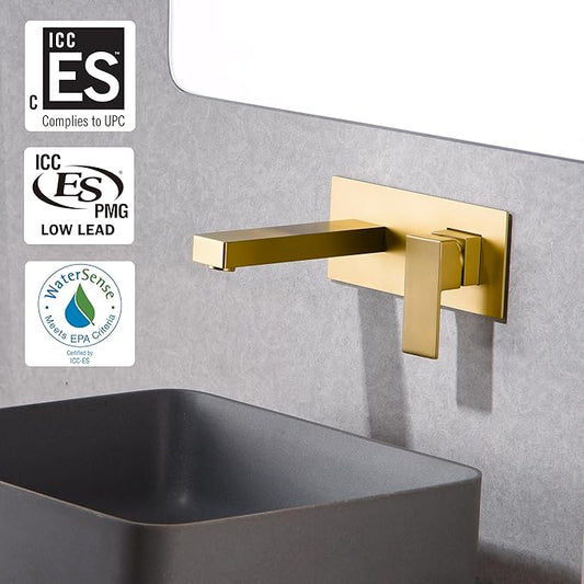 SUMERAIN Brushed Gold Wall Mount Bathroom Faucet Single Handle Vessel Sink Faucet Includes Brass Rough-in Valve